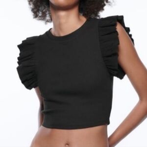 Zara Black Double Ruffle Sleeve Crop Top